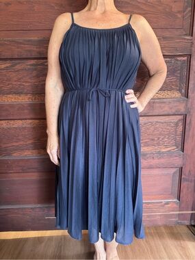 LOFT Navy Pleated Spaghetti-Strap Midi Dress